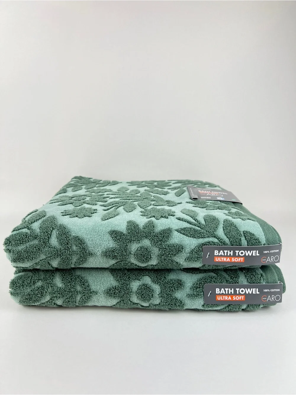 Caro Home Bath Towels Green Floral Embroidered Ultra Soft Cotton 2 Pc NEW